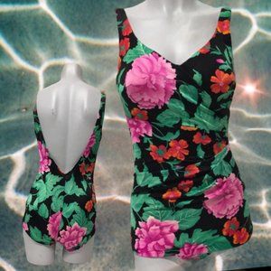 black and pink floral one piece vintage bathing su